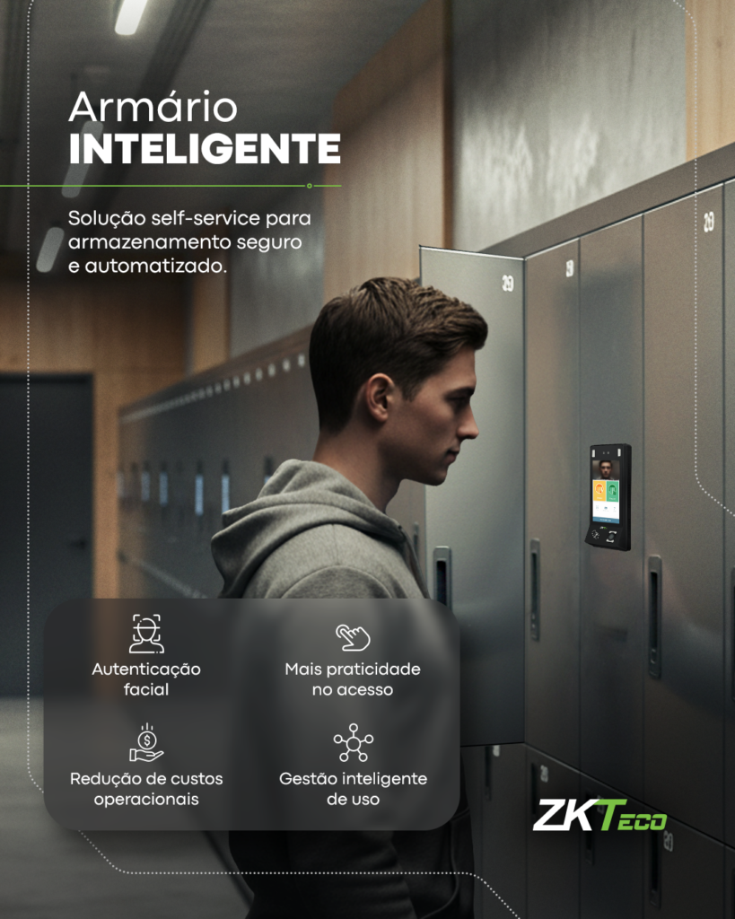 Pessoa utilizando um armário inteligente com reconhecimento facial da ZKTeco para armazenamento seguro e automatizado de pertences.